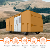 Lanceton Class A RV Cover, 300D/160g Solution-Dyed Oxford Roof (Waterproof 2000mm, UV 50+), 6-Zipper Access System, Includes 4 Tire Covers, Jack Cover & 4 Gutter Guards