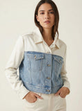 Express Satin Pieced Cropped Denim Jacket, Size Large