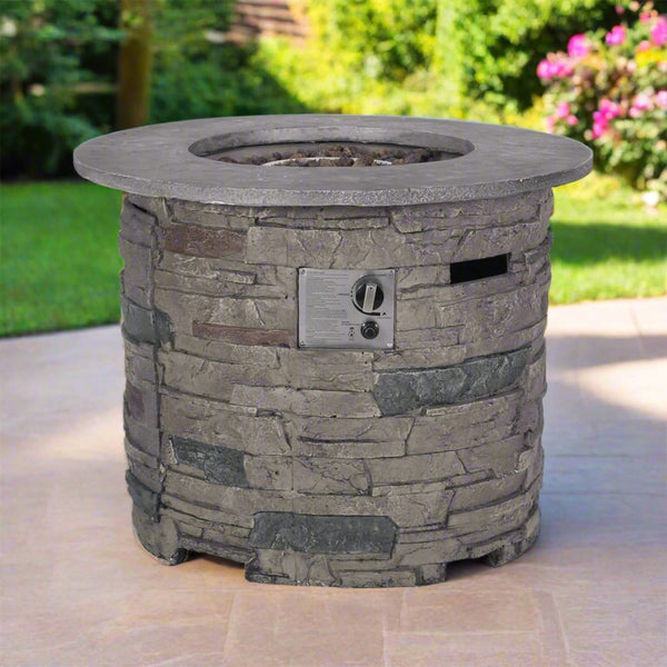 Alora 32" Transitional Outdoor Concrete Round Propane Fire Pit Table, Gray (SAK48268)