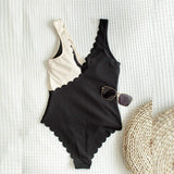 Two Tone Scallop Trim One Piece Swimsuit