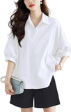 Unilexi Womens 2025 Summer 3/4 Sleeve Button Down Shirt Casual Collar Loose Blouse Tops with Bilateral Folds