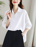 Unilexi Womens 2025 Summer 3/4 Sleeve Button Down Shirt Casual Collar Loose Blouse Tops with Bilateral Folds
