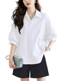 Unilexi Womens 2025 Summer 3/4 Sleeve Button Down Shirt Casual Collar Loose Blouse Tops with Bilateral Folds
