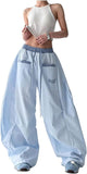 Unilexi Women's Baggy Hip Hop Pants Y2K Cargo Pants Wide Leg Elastic Waist Parachute Sweatpants Casual Curved Trousers