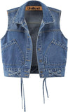 Unilexi Womens Crop Denim Vest Lapel Collar Lace Up Short Jean Gilet with Pockets