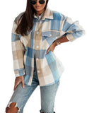 Unilexi Womens Fashion Long Sleeve Colorful Plaid Shackets Loose Lapel Collar Fleece Cardigan Coat
