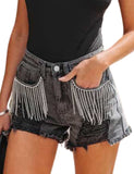 Unilexi Womens Fashion Ripped Fringe Jeans Shorts High Waisted Sequins Distressed Frayed Denim Shorts