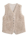 Unilexi Womens Fashion V-Neck Lambswool Vest Loose Wild Button Waistcoat Winter Sleeveless Jacket with Pockets