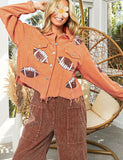 Unilexi Womens Football Jacket Cropped Frayed Hem Corduroy Jacket Coat Sequin Game Day Outfits for Women