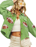 Unilexi Womens Football Jacket Cropped Frayed Hem Corduroy Jacket Coat Sequin Game Day Outfits for Women
