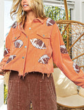 Unilexi Womens Football Jacket Cropped Frayed Hem Corduroy Jacket Coat Sequin Game Day Outfits for Women