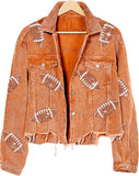 Unilexi Womens Football Jacket Cropped Frayed Hem Corduroy Jacket Coat Sequin Game Day Outfits for Women