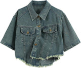 Unilexi Womens Loose and Versatile High Waist Cropped Denim Jacket Short Sleeve Distressed Frayed Fashion Overcoat