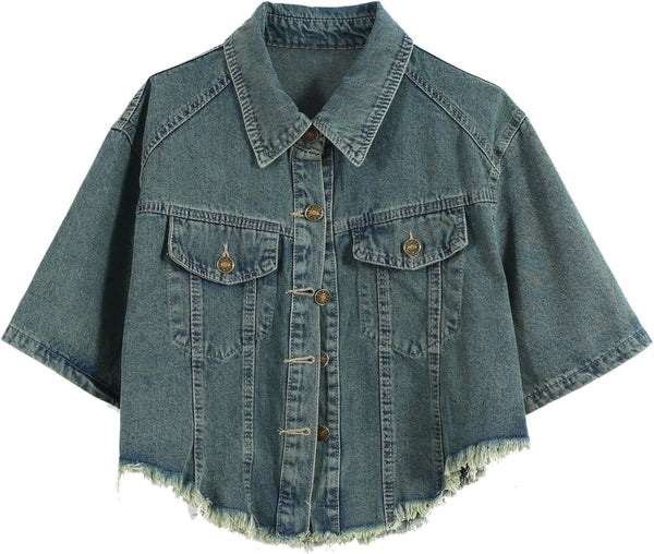 Unilexi Womens Loose and Versatile High Waist Cropped Denim Jacket Short Sleeve Distressed Frayed Fashion Overcoat