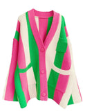 Unilexi Womens Loose Long Sleeve Rainbow Striped Cardigans Sweater Boho Color Block Chunky Knitted Tops