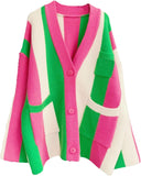 Unilexi Womens Loose Long Sleeve Rainbow Striped Cardigans Sweater Boho Color Block Chunky Knitted Tops