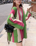 Unilexi Womens Loose Long Sleeve Rainbow Striped Cardigans Sweater Boho Color Block Chunky Knitted Tops
