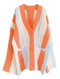 Unilexi Womens Loose Long Sleeve Rainbow Striped Cardigans Sweater Boho Color Block Chunky Knitted Tops