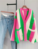 Unilexi Womens Loose Long Sleeve Rainbow Striped Cardigans Sweater Boho Color Block Chunky Knitted Tops