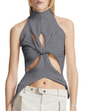 Unilexi Women’s Sleeveless High Neck Cut Out Sweater Vest Sexy Cutout Twist Knot Front Split Knit Tank Tops
