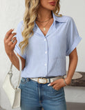Unilexi Womens Striped Button Down Shirts Short Sleeve Business Casual Tops for Women(S-XXL)