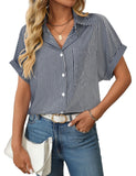 Unilexi Womens Striped Button Down Shirts Short Sleeve Business Casual Tops for Women(S-XXL)