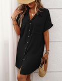 Unilexi Womens V-Neck Mini Shirt Dress Casual Button Down Short Sleeve Sundress for Women(0294-Black-L)