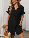 Unilexi Womens V-Neck Mini Shirt Dress Casual Button Down Short Sleeve Sundress for Women(0294-Black-L)