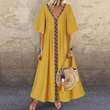 V-Neck Short Sleeve Cotton Maxi Dress