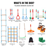 VEVOR Ninja Warrior Obstacle Course for Kids, 2 x 65 ft Weatherproof Slacklines, 500lbs Weight Capacity Monkey Line, Outdoor Playset Equipment, Backyard Toys Training Equipment Set with 12 Obstacles