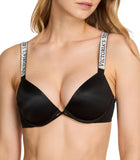 Victoria's Secret Very Sexy Logo Shine Strap Push-Up Bra, Adds One Cup Size, Padded, Plunge Neckline, Bras for Women, Black Shine, 32C
