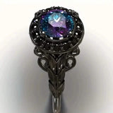 Vintage Gothic Style Synthetic Rainbow Stone Ring with Imitation Black Zirconia