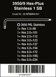 Wera 3950/9 Hex-Plus 1 SB Stainless Steel L-Key Set Metric 9 Pieces 05073544001