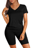 WIHOLL Two Piece Outfits for Women Short Sleeve V Neck Biker Shorts Set