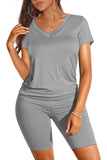 WIHOLL Two Piece Outfits for Women Short Sleeve V Neck Biker Shorts Set