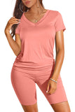 WIHOLL Two Piece Outfits for Women Short Sleeve V Neck Biker Shorts Set