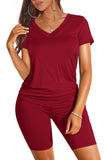 WIHOLL Two Piece Outfits for Women Short Sleeve V Neck Biker Shorts Set