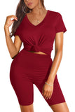 WIHOLL Two Piece Outfits for Women Short Sleeve V Neck Biker Shorts Set