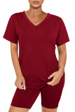 WIHOLL Two Piece Outfits for Women Short Sleeve V Neck Biker Shorts Set