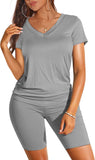 WIHOLL Two Piece Outfits for Women Short Sleeve V Neck Biker Shorts Set