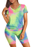 WIHOLL Two Piece Outfits for Women Short Sleeve V Neck Biker Shorts Set