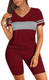 WIHOLL Two Piece Outfits for Women Short Sleeve V Neck Biker Shorts Set
