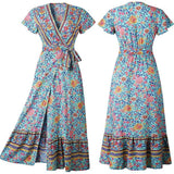Women Boho Summer Side Split Deep V Neck Short Sleeves Maxi Dress with Belt