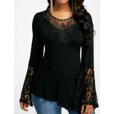 Women Casual Irregular T-shirt with Long-sleeved Lace Stitching Plus Size Shirts
