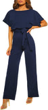 Women Casual Loose Short Sleeve Belted Wide Leg Pant Romper Jumpsuits
