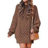 Women Crewneck Long Sleeve Oversized Cable Knit Chunky Pullover Short Sweater Dresses