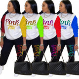 Women Pink Letter Print Long Sleeve Top and Pants Spring Streetwear