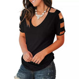 Women Short Sleeve Cut Out Cold Shoulder Tops Deep V Neck T Shirts