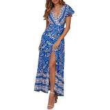 Women's Bohemian Floral Printed Wrap V Neck Maxi Dress