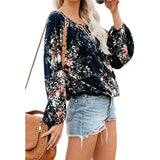 Women's Casual Boho Floral Print V Neck Long Sleeve Shirts Tops